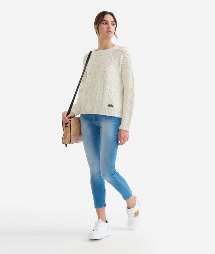 Mixed stitch crew-neck sweater in virgin wool yarn Natural