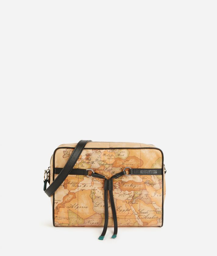 Reporter crossbody bag in soft fabric with Geo Classic print Black