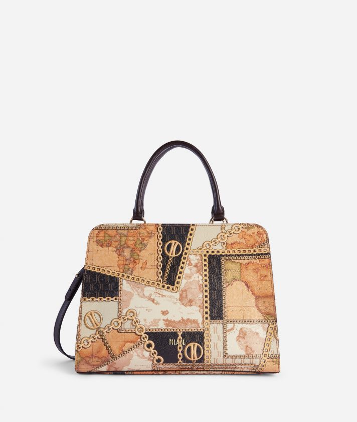 Geo Gold Chain handbag with crossbody strap Dark Brown