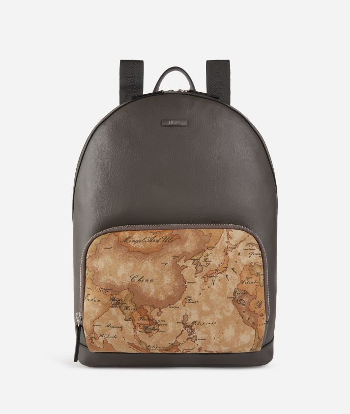 Faux grainy leather backpack with Geo Safari details Graphite