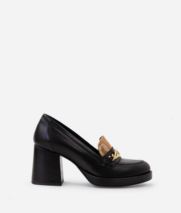 Smooth nappa leather loafers with heel and chain detail Black