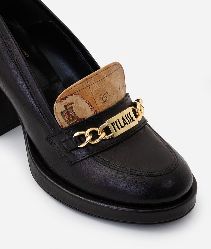 Smooth nappa leather loafers with heel and chain detail Black