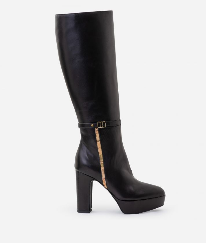 Smooth nappa leather high boots with strap Black