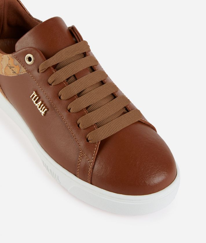 Smooth leather sneakers with lettering detail Chestnut