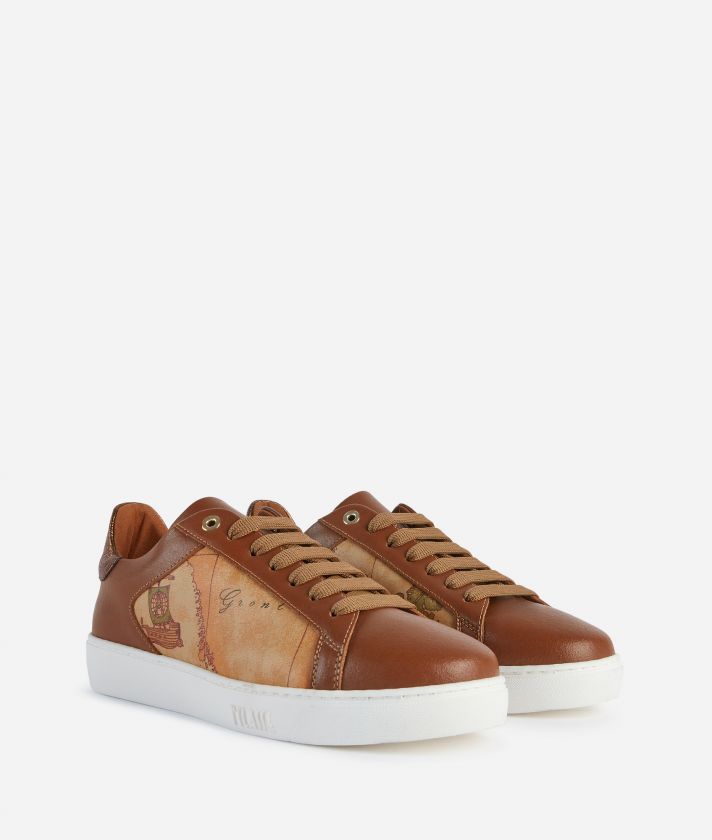Smooth leather sneakers with laminated insert Chestnut