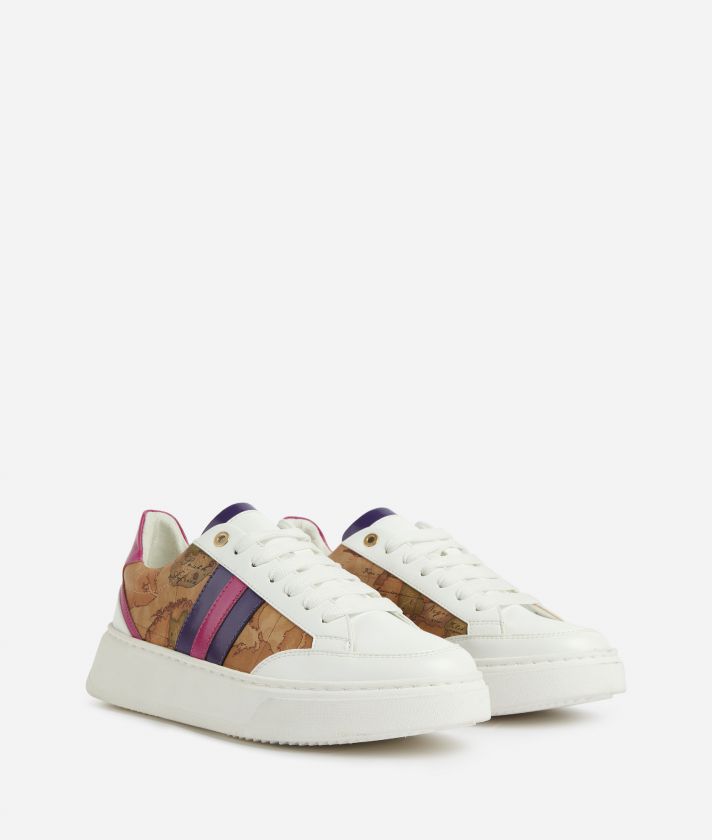 Faux nappa sneakers with glossy brushed fabric inserts Fuxia