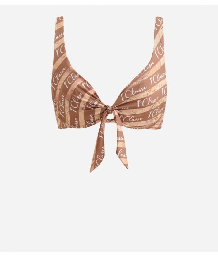Beach bra with bow stripes and logo Brown