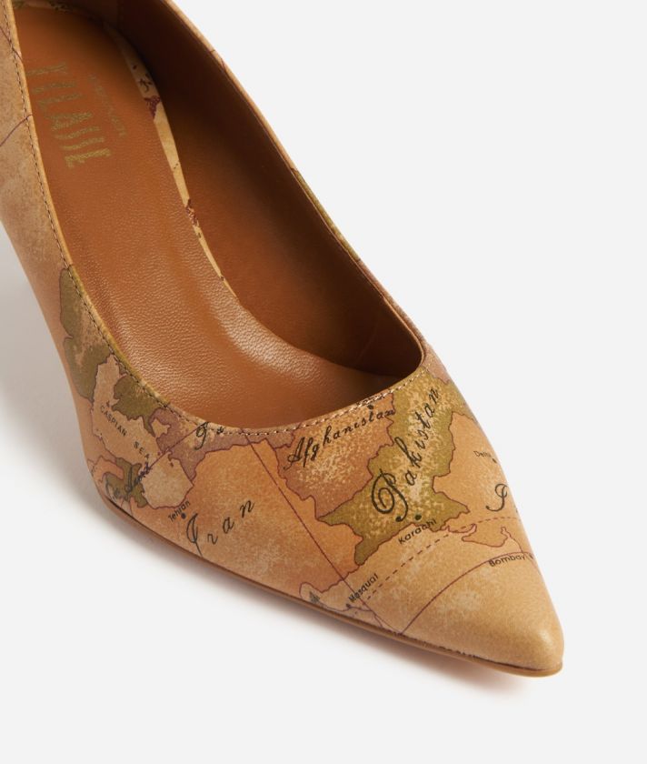 Low-heel napa leather court shoes with Geo Classic print