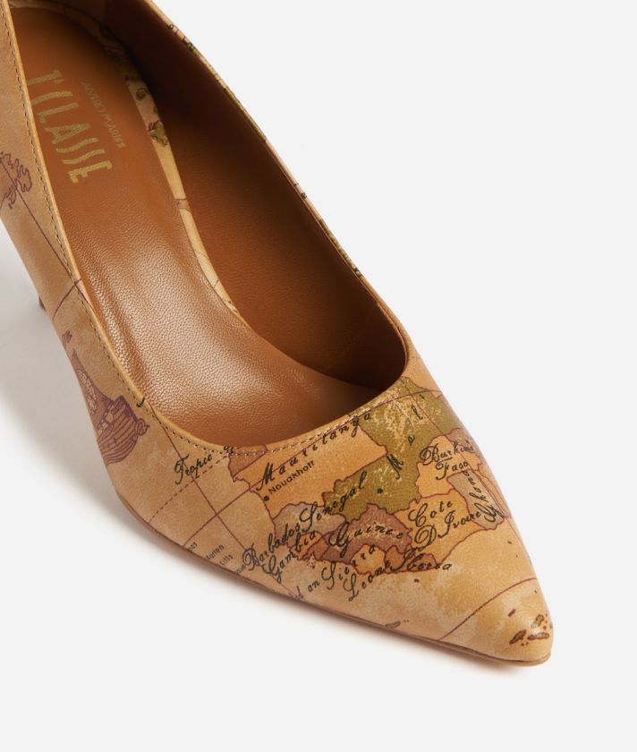 Mid-heel napa leather court shoes with Geo Classic print