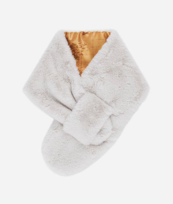 Faux fur scarf with Geo Classic print Natural