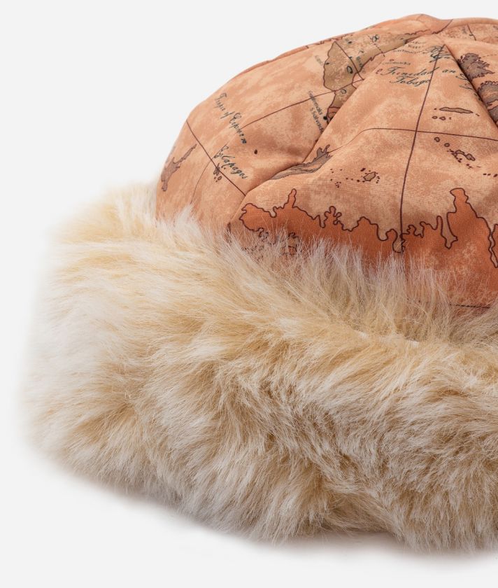 Nylon faux fur hat with Geo Classic print 