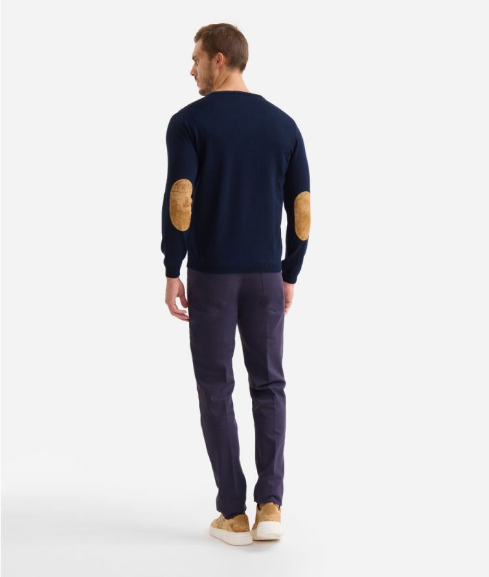 Wool blend v-neck sweater with elbow patches Night Blue