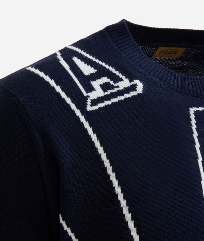 Wool blend crewneck sweater with logo embroidery Night Blue 