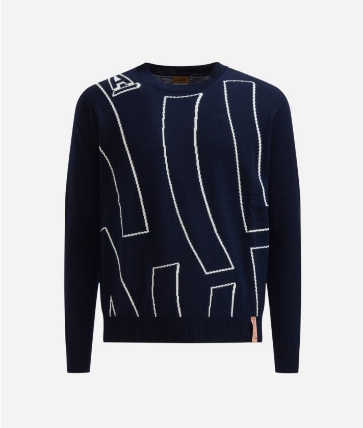 Wool blend crewneck sweater with logo embroidery Night Blue 