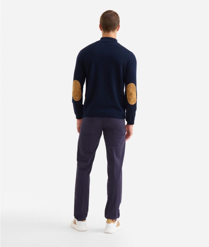 Wool blend zip-neck sweater with patches Night Blue