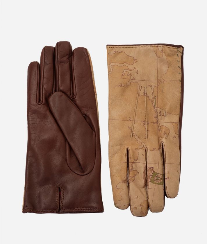 Leather/napa leather gloves with Geo Classic print Coffee