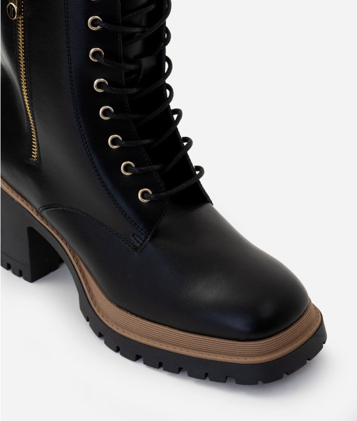 Faux nappa leather lace-up boots Black