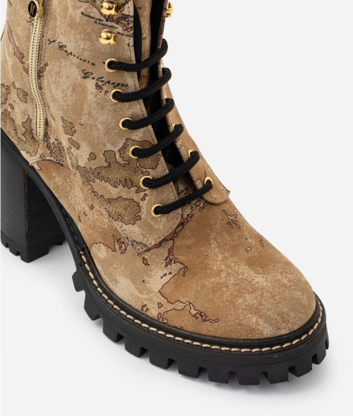 Nabuk fabric lace-up boots with Geo Classic print Naturals