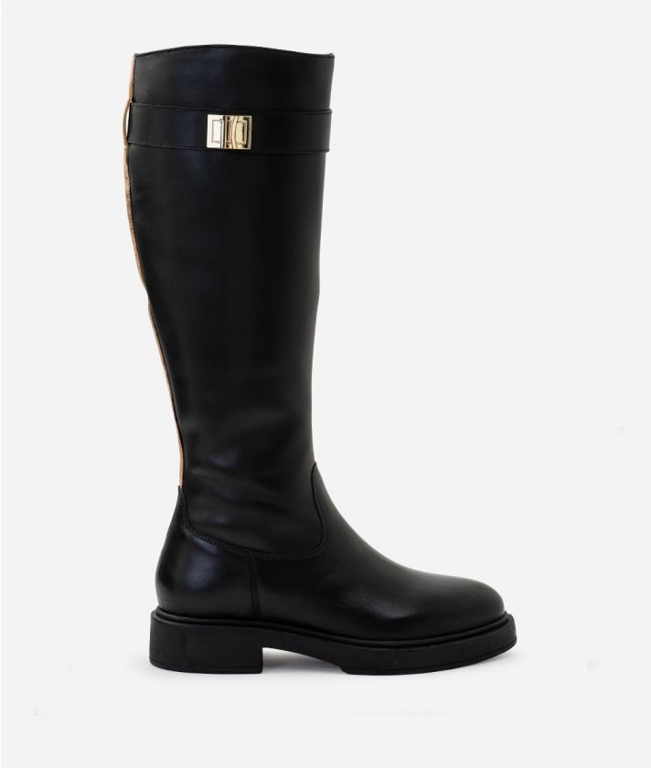 Smooth leather high boots with logo plate Black