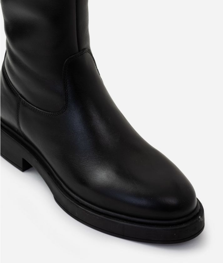 Smooth leather high boots with logo plate Black