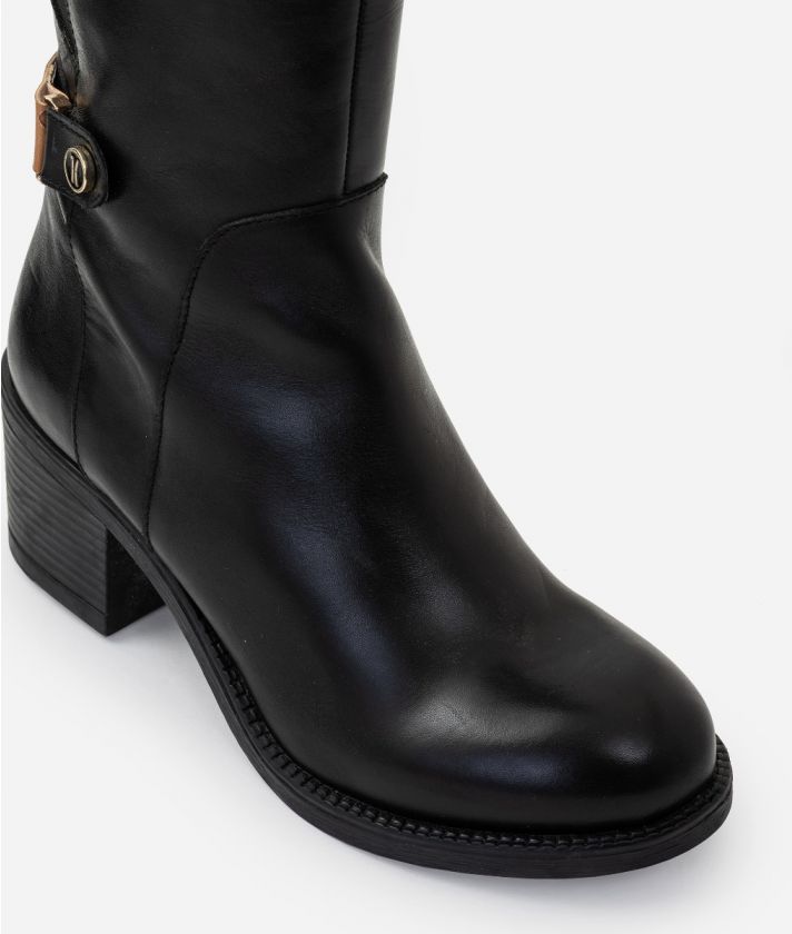 Smooth leather high boots with logo studded Black
