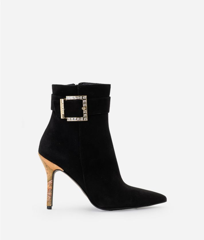 Suede ankle boots with jewel buckle Black