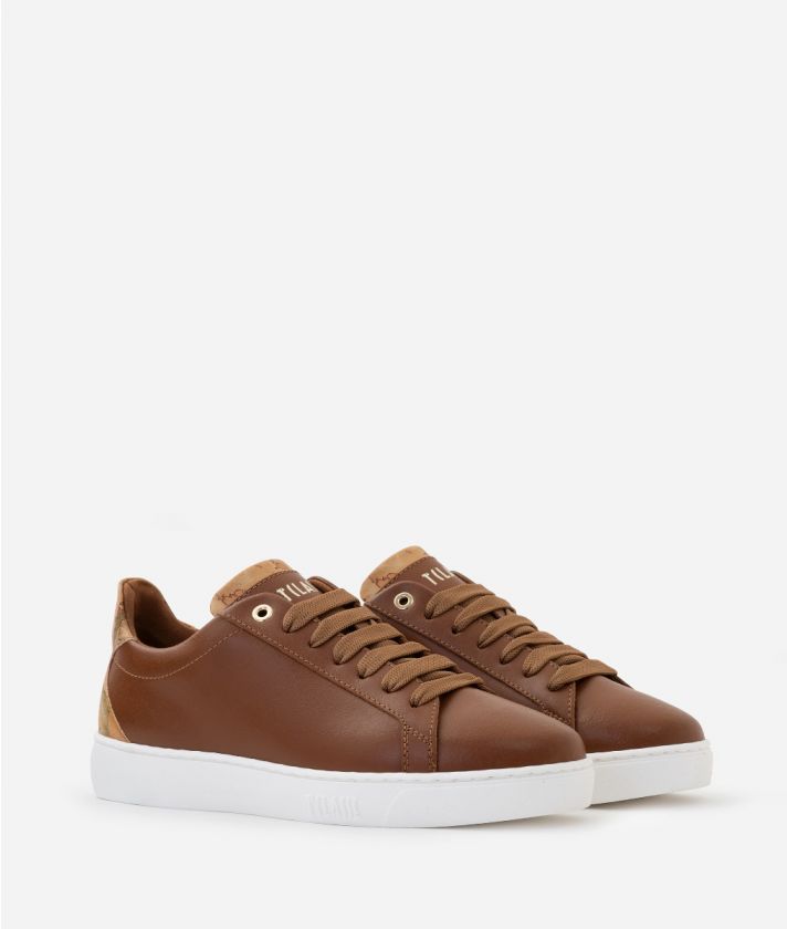 Smooth leather sneakers with faux nappa insert Chestnut