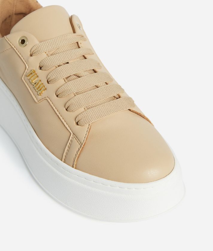 Faux nappa sneakers with lettering detail Beige