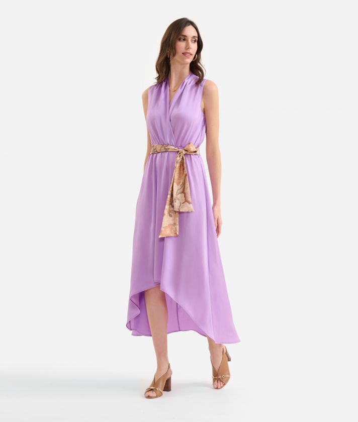 Long crêpe fabric dress with sash Orchid