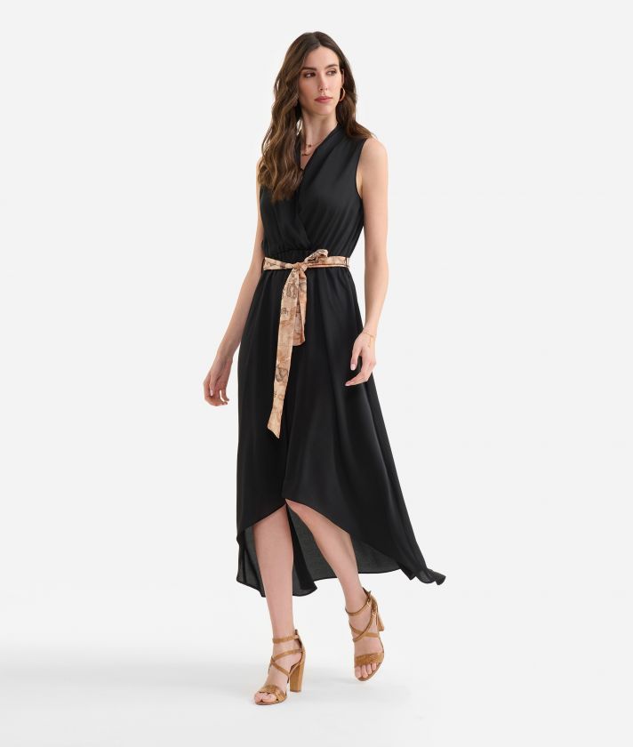 Long crêpe fabric dress with sash Black