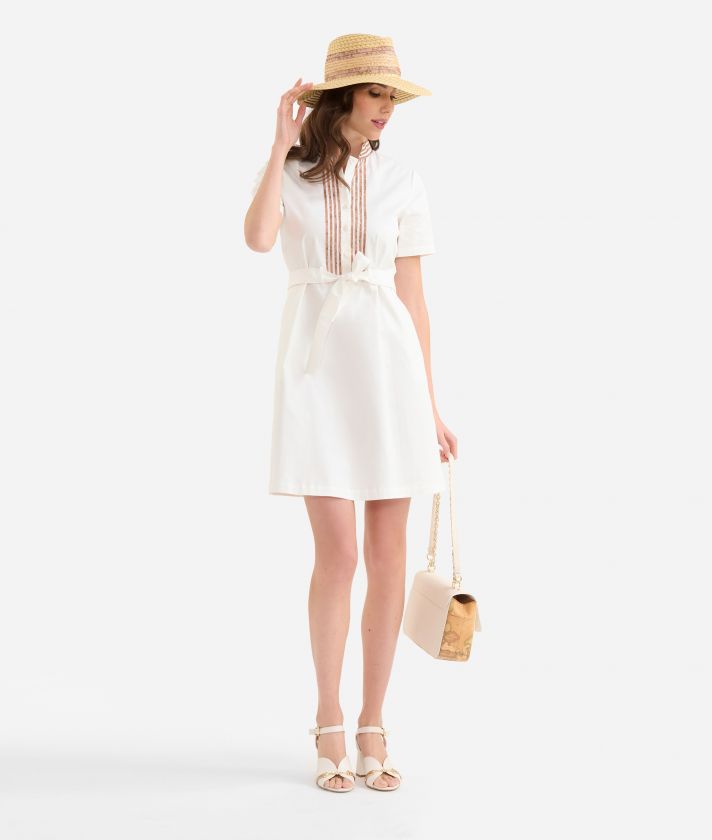 Stretch cotton gabardine shift dress with Korean collar Chalk White
