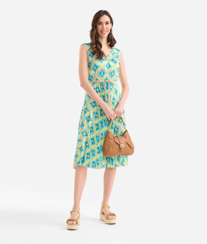 Geo-metric print twill dress with pleated skirt Bluette