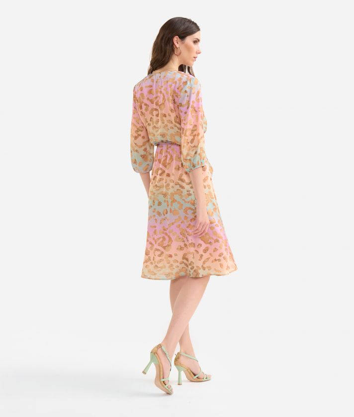 Geo Rainbow Leo print twill dress with 3/4 sleeve Multicolor