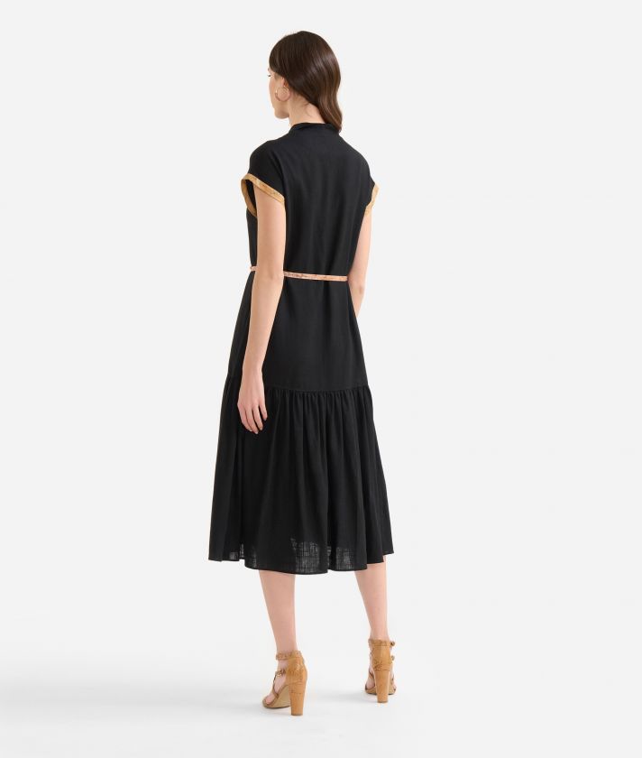 Linen and viscose blend dress with flounce Black