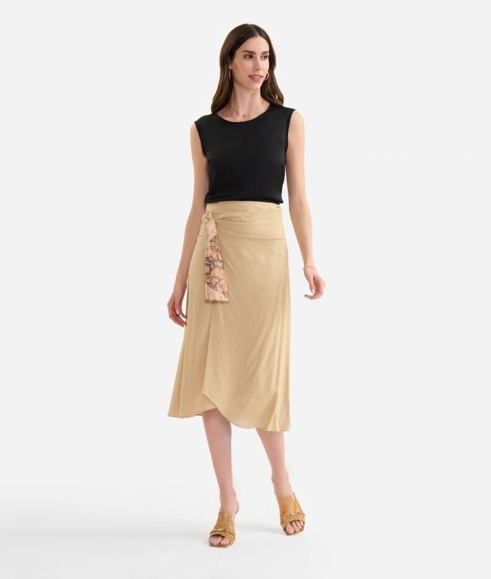 Linen and viscose blend wrap skirt with buckle Sand