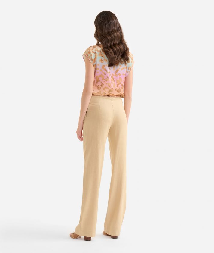 Linen and viscose blend trousers with belt detail Sand