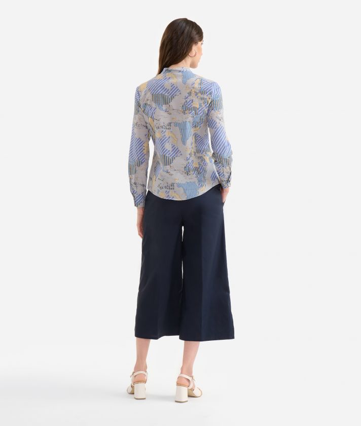 Organic cotton poplin Korean collar shirt with Geo Multistripe print Blue