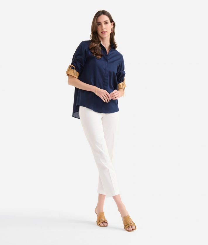 Stretch cotton poplin shirt with sleeve laces Night Blue