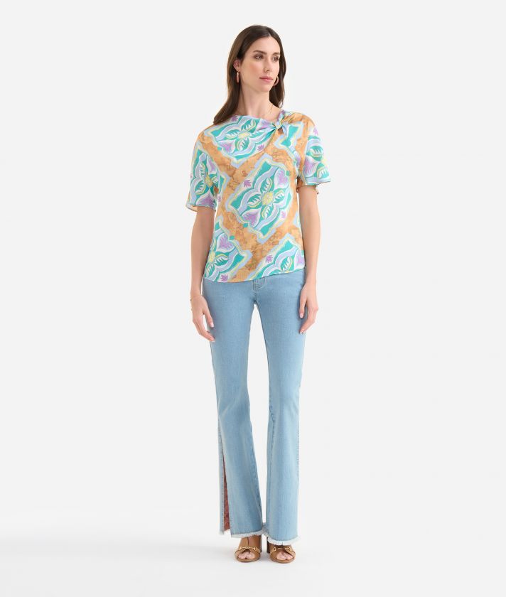 Twill kimono-sleeve blouse with Geo Miami Deco print Lilac