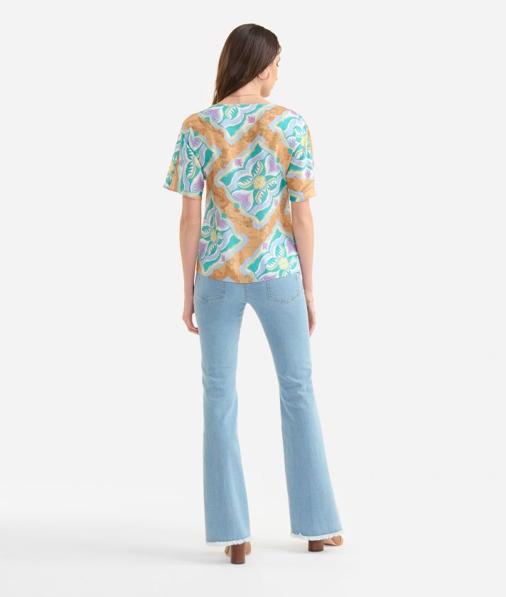 Twill kimono-sleeve blouse with Geo Miami Deco print Lilac