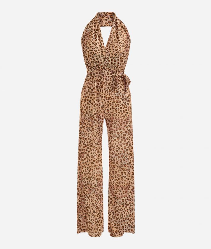 Geo Animalier long crêpe cross neckline jumpsuit Natural