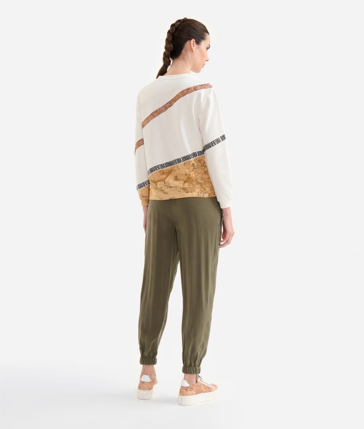 Stretch cotton two-fabric crewneck sweatshirt Ivory
