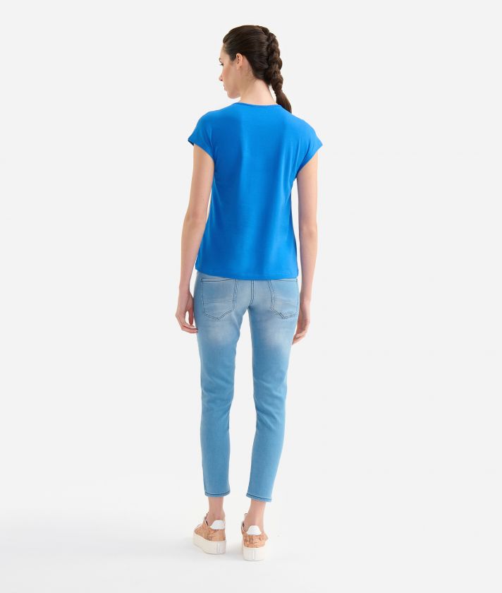 T-shirt bimaterica in jersey di cotone stretch Bluette