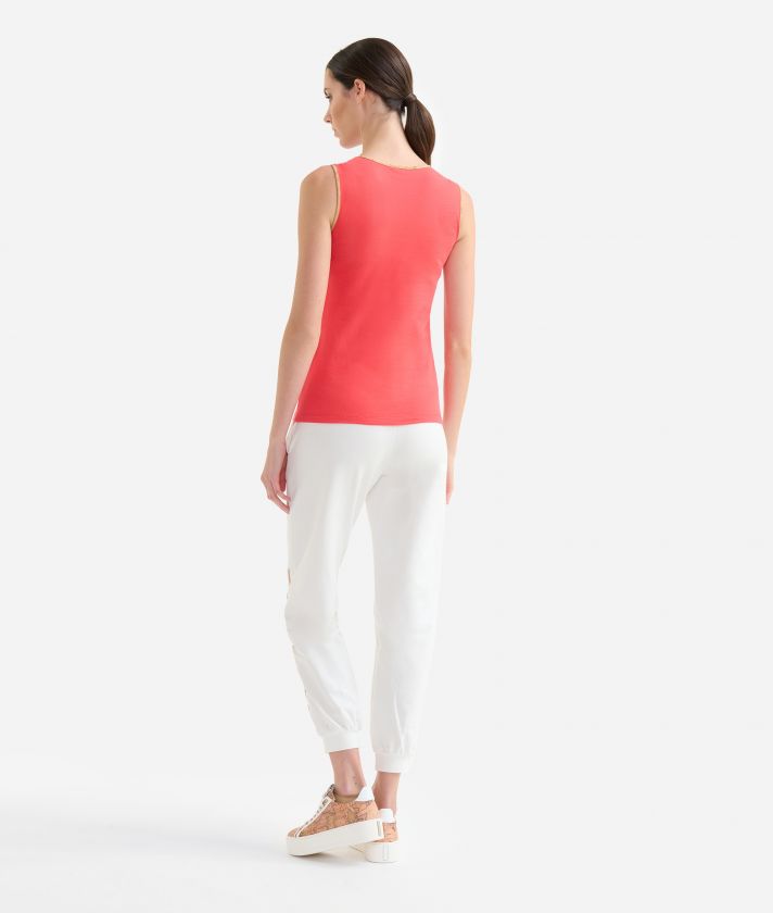 Stretch cotton jersey sleeveless top with strap knots Coral 