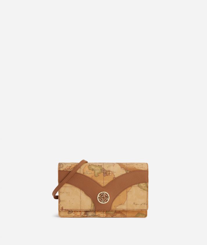 Geo Sunrise Ring clutch with crossbody strap Leather Brown