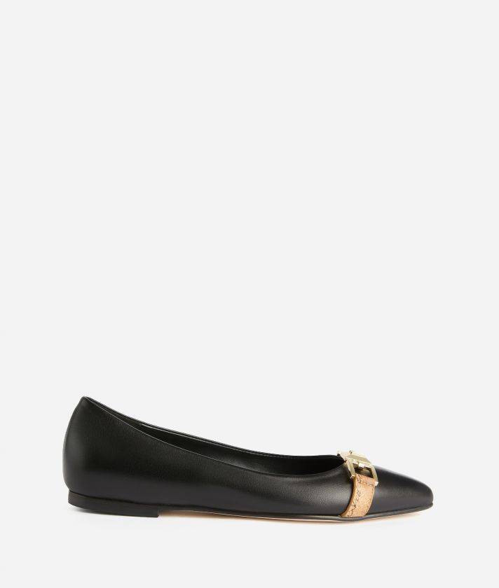Smooth napa leather pointed toe ballet flats Black