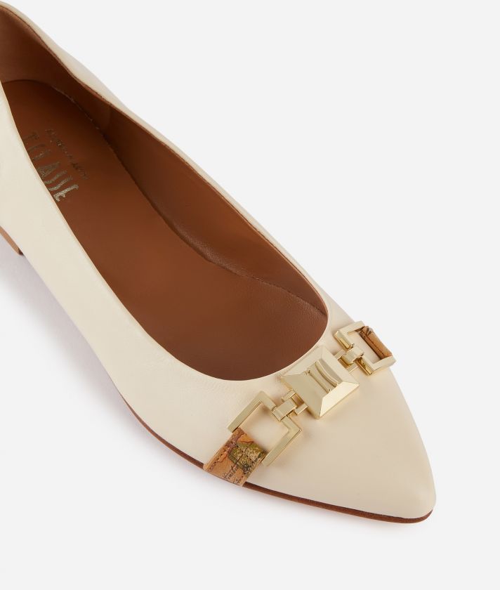 Smooth napa leather pointed toe ballet flats Ivory