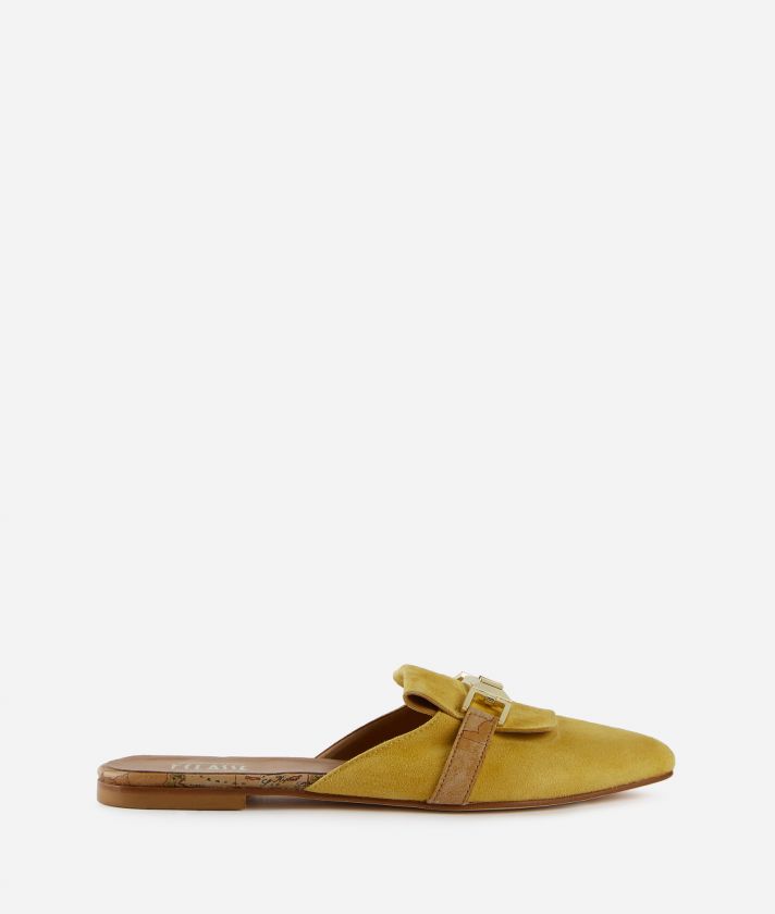 Suede leather flat mules with horsebit Ochre