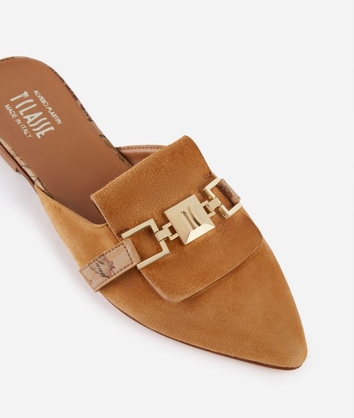 Suede leather flat mules with horsebit Leather Brown