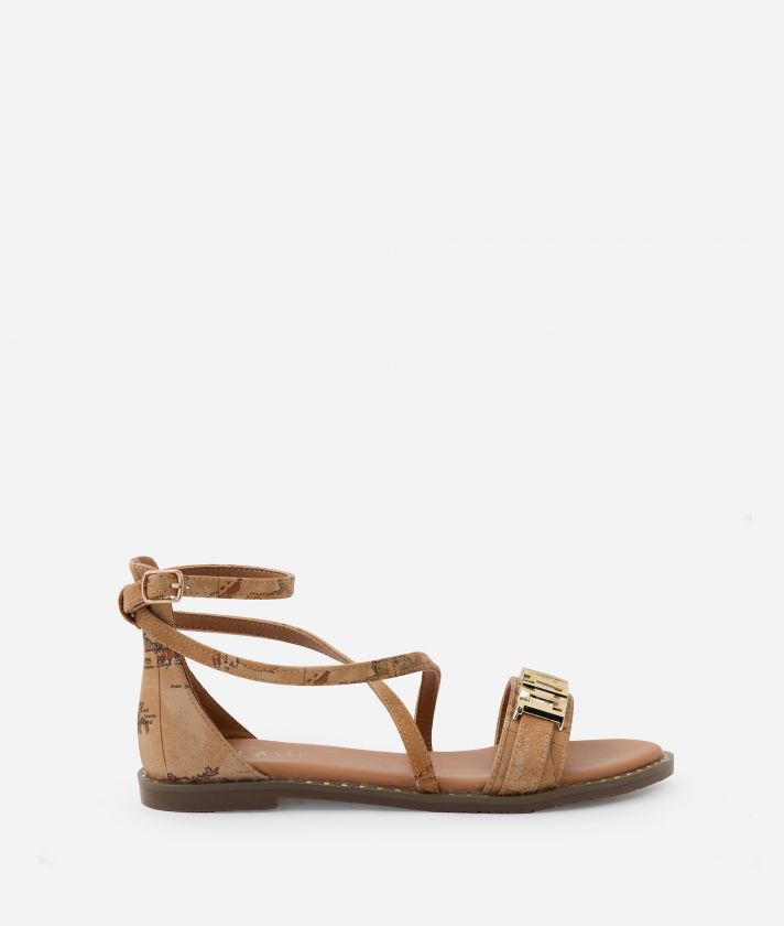 Geo Classic print napa-effect sandals with maxi logo Natural